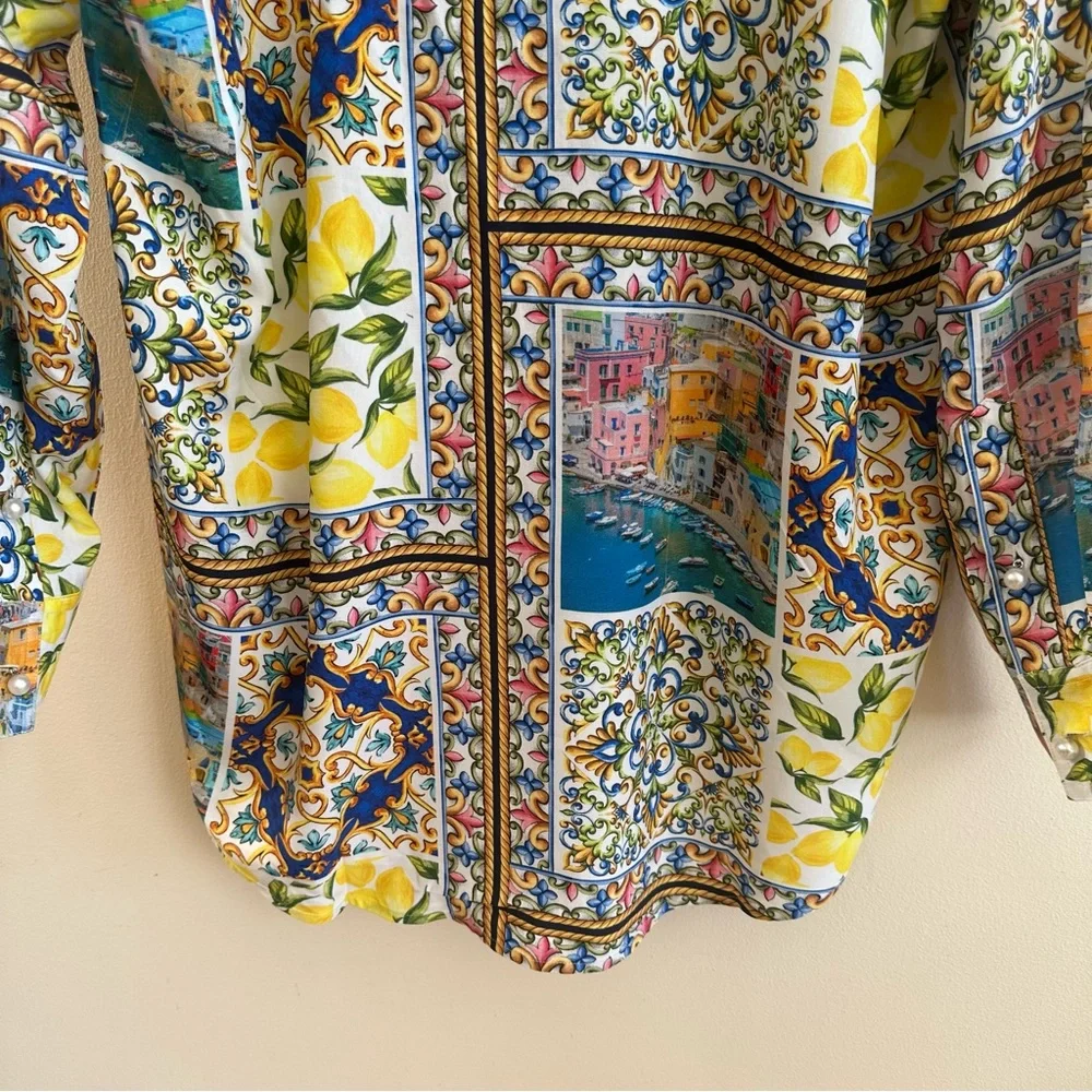 NWT Terez Amalfi Coast Patchwork Print Long Sleeve Blouse Yellow Blue Multi MED - Picture 12 of 16